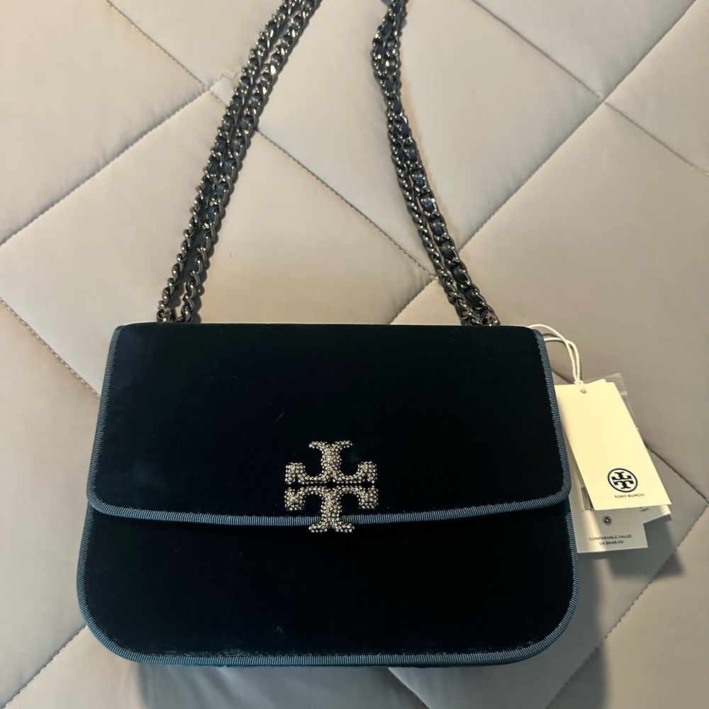 Tory Burch Britten Embellished small adjustable Velvet Shoulder Bag for sale